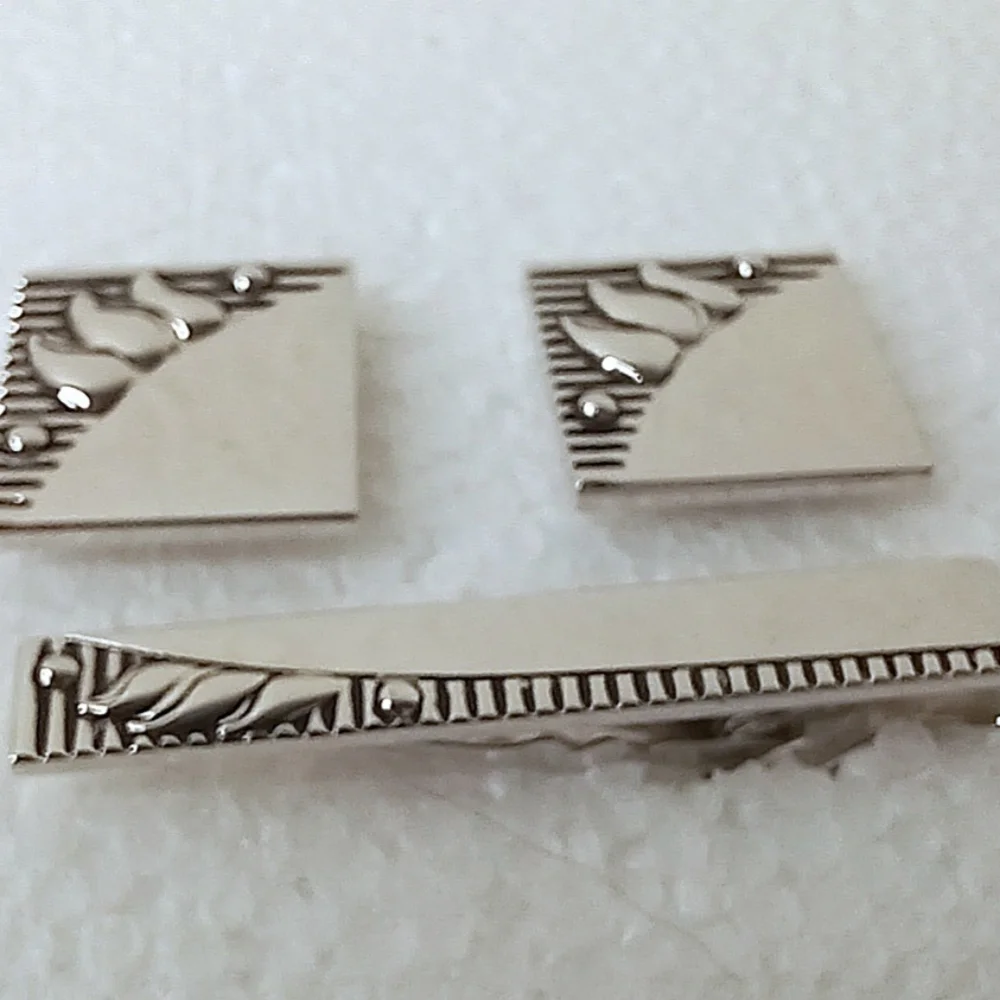 Silver Cufflinks and Tie Clip Set Vintage SWANK Sculpted Graphic Mid-Century